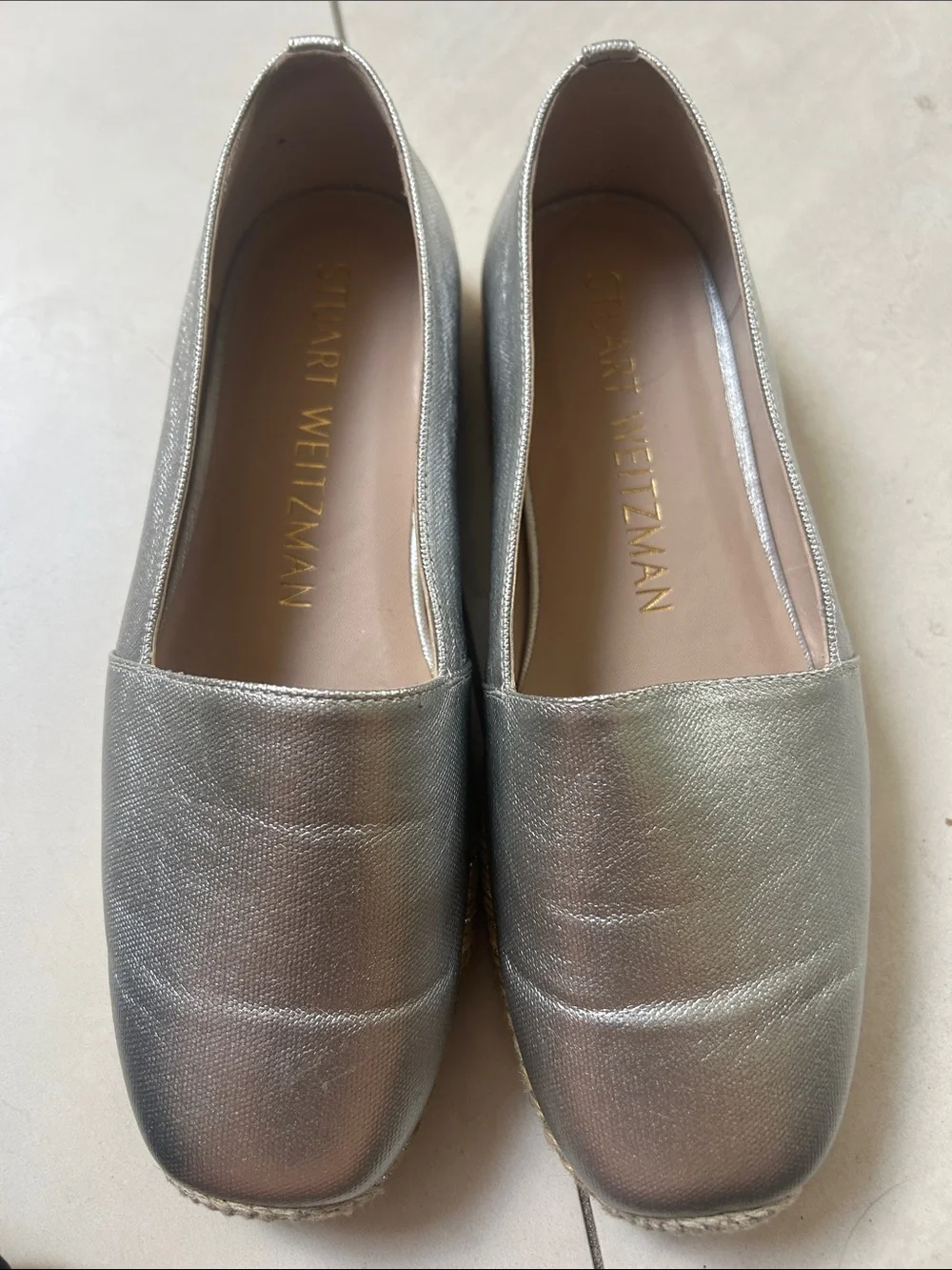 Stuart Weitzman Metallic Silver Leather Loafers